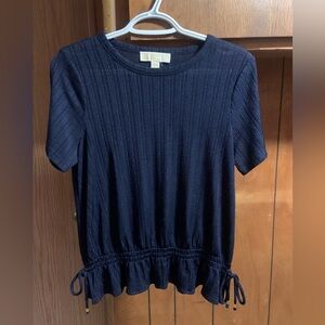 MICHAEL Michael Kors Navy Ribbed Short-Sleeve Drawstring Hem Top